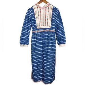 VINTAGE Eloise Curtis Happenstance 1970s Blue Embroidered Polka Dot Dress